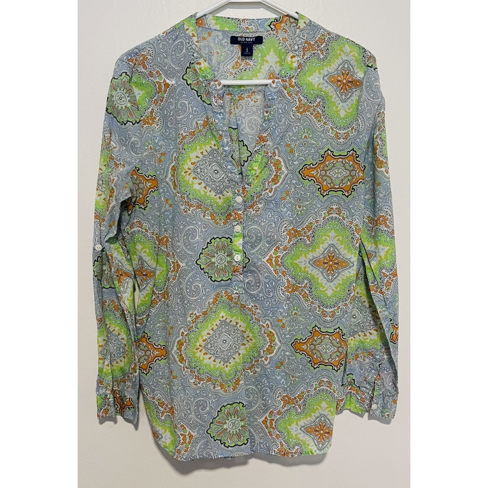 Old Navy Paisley Blouse Women’s Large Blue Orange Green Lightweight Cotton Shirt
